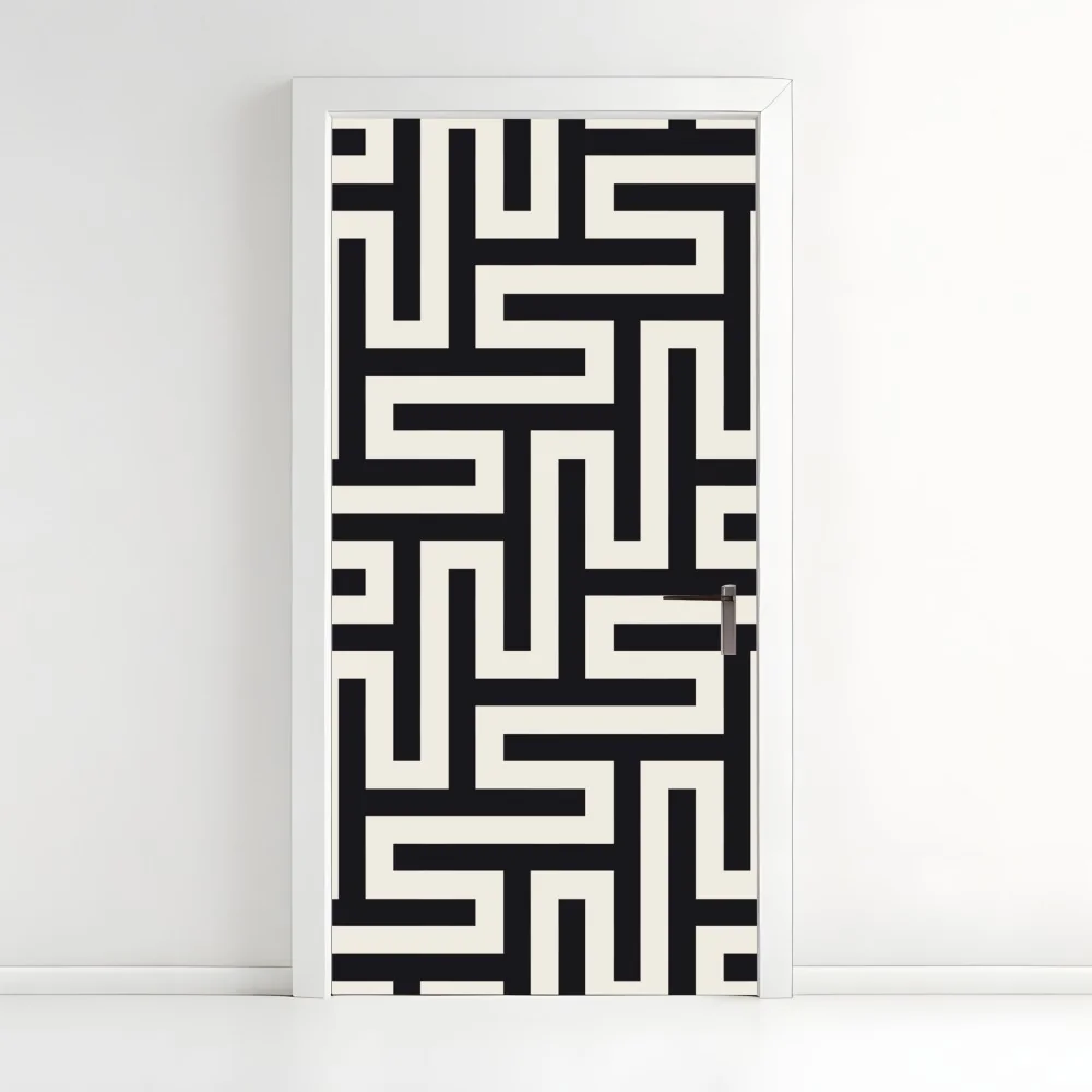 Naklejka na drzwi geometryczny wzór labiryntu w beżu i czerni – Wallissimo® Naklejka na drzwi geometryczny wzór labiryntu w beżu i czerni – Wallissimo®