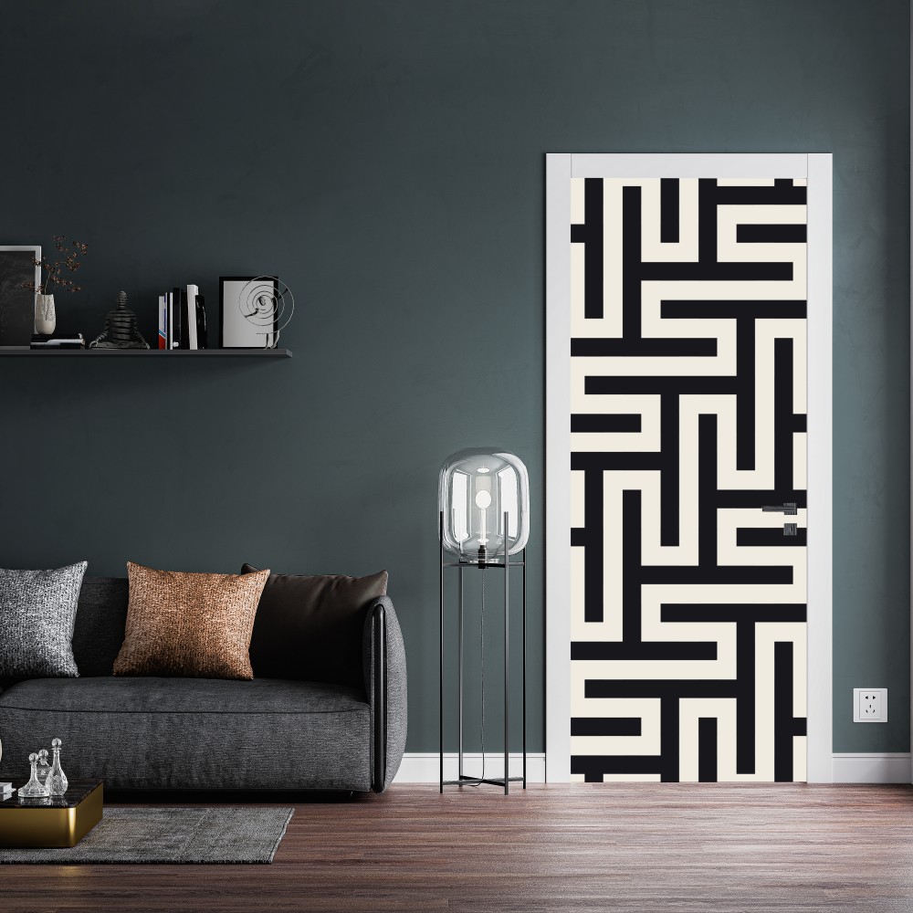 Naklejka na drzwi geometryczny wzór labiryntu w beżu i czerni – Wallissimo® Naklejka na drzwi geometryczny wzór labiryntu w beżu i czerni – Wallissimo®