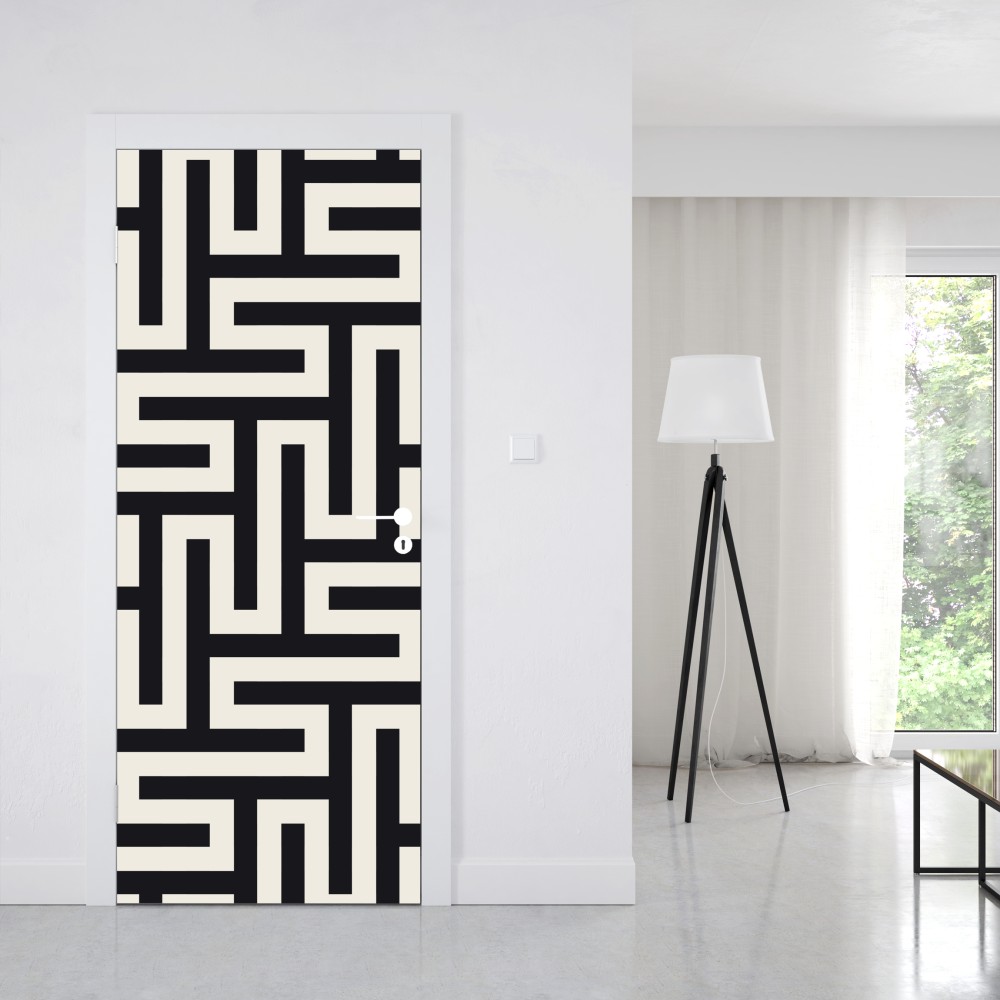 Naklejka na drzwi geometryczny wzór labiryntu w beżu i czerni – Wallissimo® Naklejka na drzwi geometryczny wzór labiryntu w beżu i czerni – Wallissimo®