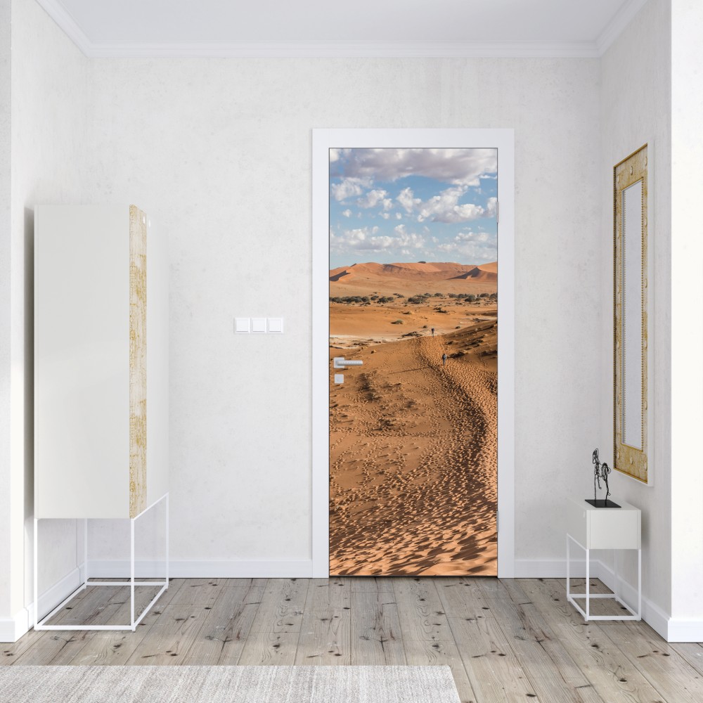 Naklejka na drzwi bezgraniczne wydmy pustyni pod błękitnym niebem – Wallissimo® Naklejka na drzwi bezgraniczne wydmy pustyni pod błękitnym niebem – Wallissimo®