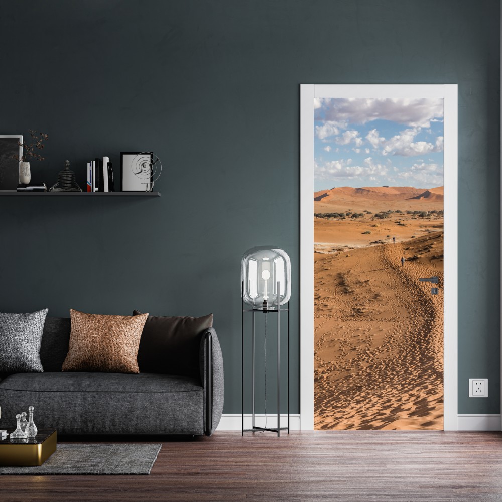Naklejka na drzwi bezgraniczne wydmy pustyni pod błękitnym niebem – Wallissimo® Naklejka na drzwi bezgraniczne wydmy pustyni pod błękitnym niebem – Wallissimo®