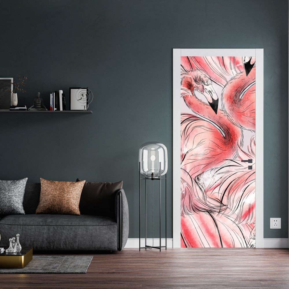 Naklejka na drzwi akwarelowy wzór z flamingami – Wallissimo® Naklejka na drzwi akwarelowy wzór z flamingami – Wallissimo®