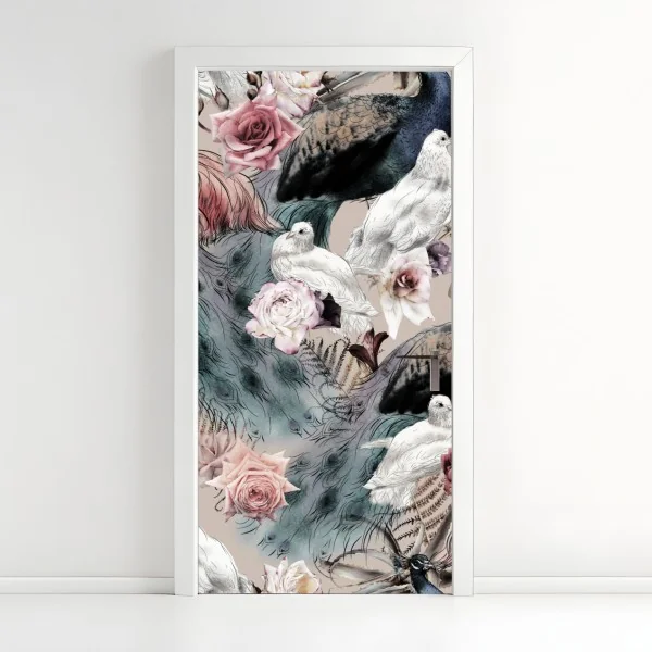 Naklejka na drzwi akwarelowy wzór z ptakami i różami