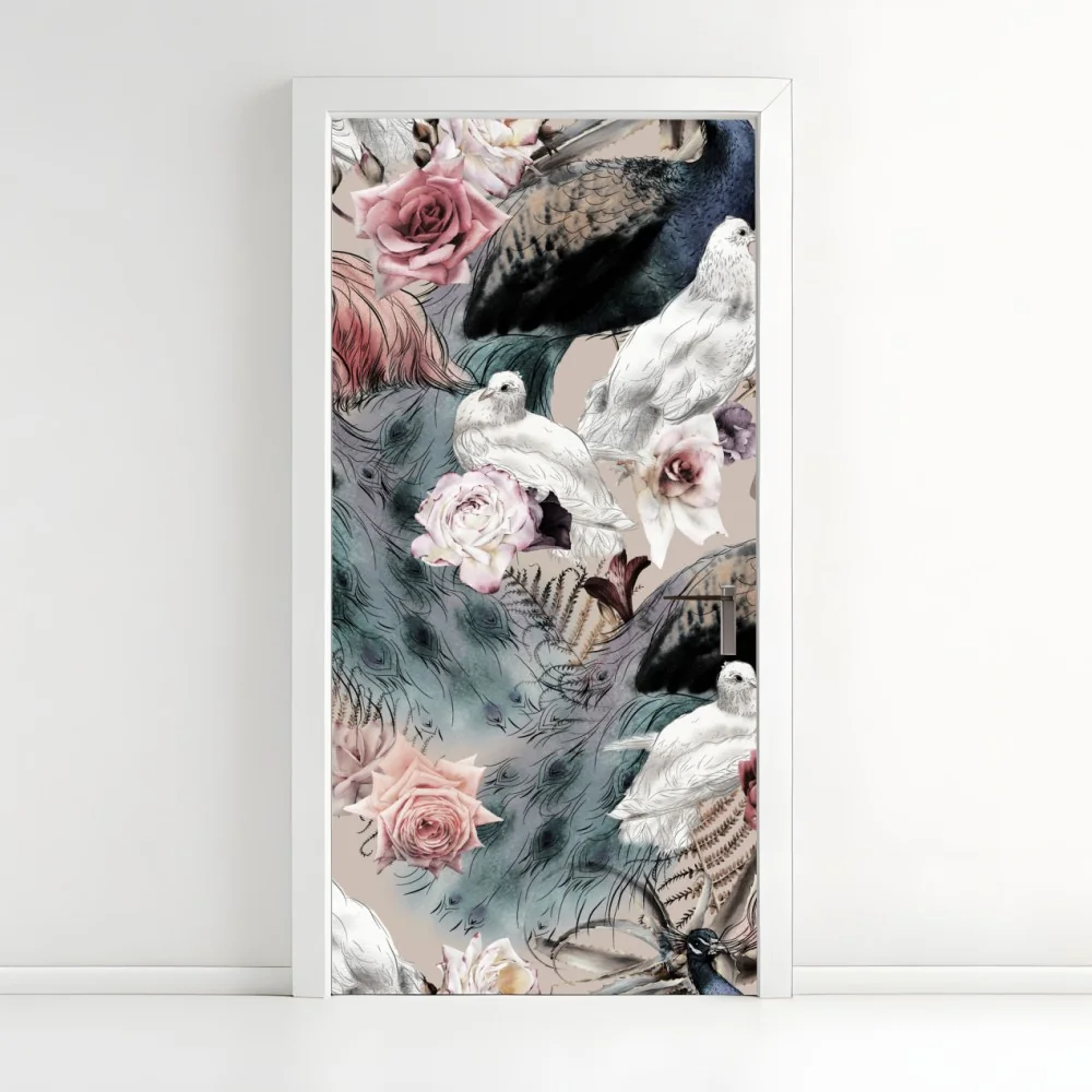 Naklejka na drzwi akwarelowy wzór z ptakami i różami – Wallissimo® Naklejka na drzwi akwarelowy wzór z ptakami i różami – Wallissimo®