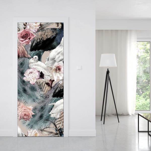 Naklejka na drzwi akwarelowy wzór z ptakami i różami – Wallissimo® Naklejka na drzwi akwarelowy wzór z ptakami i różami – Wallissimo®