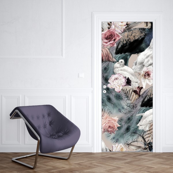 Naklejka na drzwi akwarelowy wzór z ptakami i różami – Wallissimo® Naklejka na drzwi akwarelowy wzór z ptakami i różami – Wallissimo®