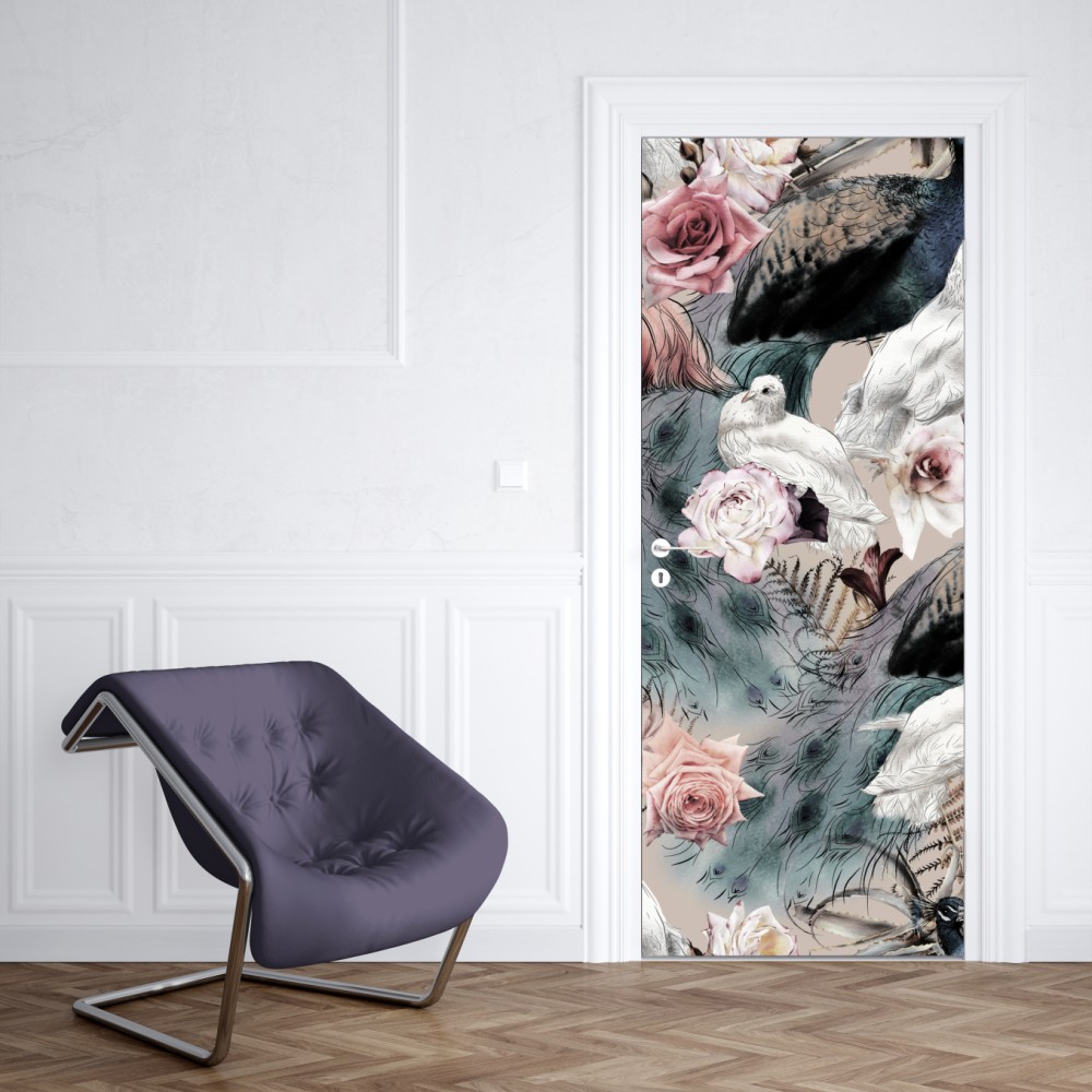 Naklejka na drzwi akwarelowy wzór z ptakami i różami – Wallissimo® Naklejka na drzwi akwarelowy wzór z ptakami i różami – Wallissimo®
