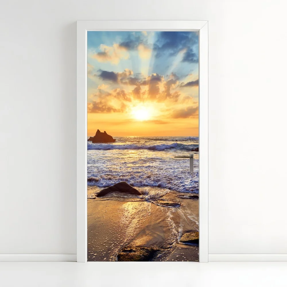 Naklejka na drzwi zachód słońca nad skalistym wybrzeżem – Wallissimo® Naklejka na drzwi zachód słońca nad skalistym wybrzeżem – Wallissimo®