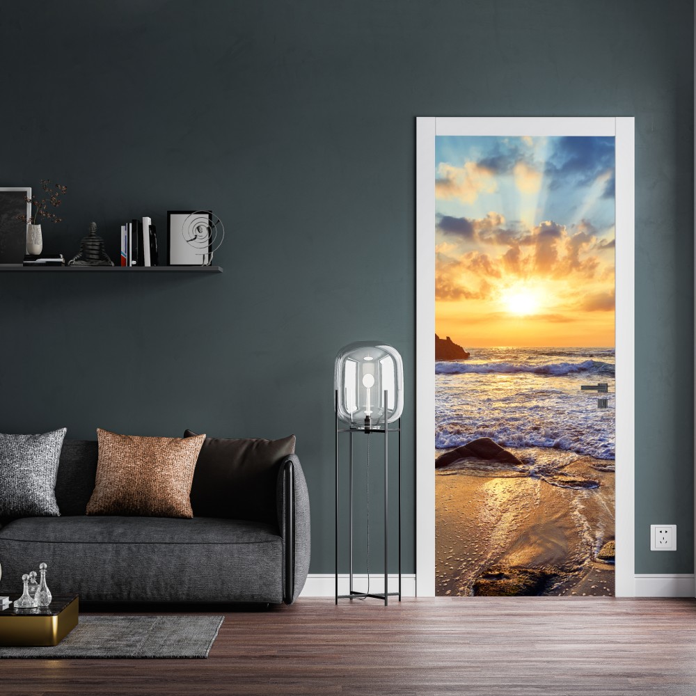 Naklejka na drzwi zachód słońca nad skalistym wybrzeżem – Wallissimo® Naklejka na drzwi zachód słońca nad skalistym wybrzeżem – Wallissimo®