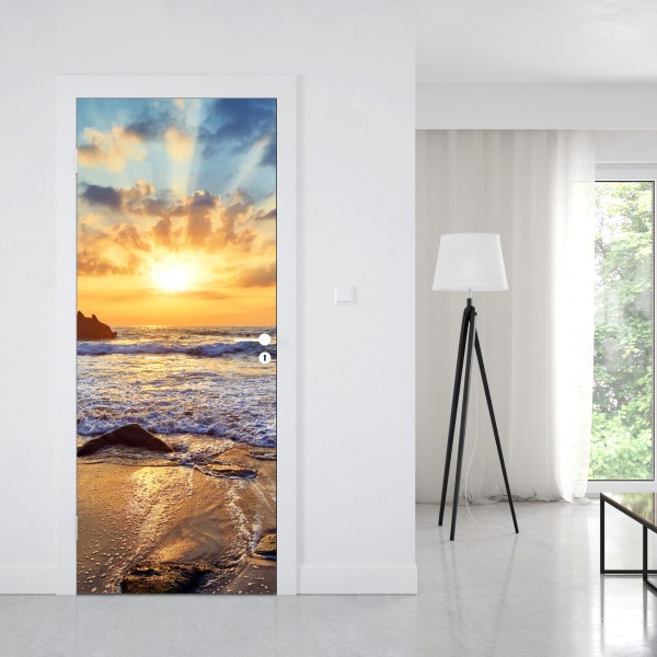 Naklejka na drzwi zachód słońca nad skalistym wybrzeżem – Wallissimo® Naklejka na drzwi zachód słońca nad skalistym wybrzeżem – Wallissimo®