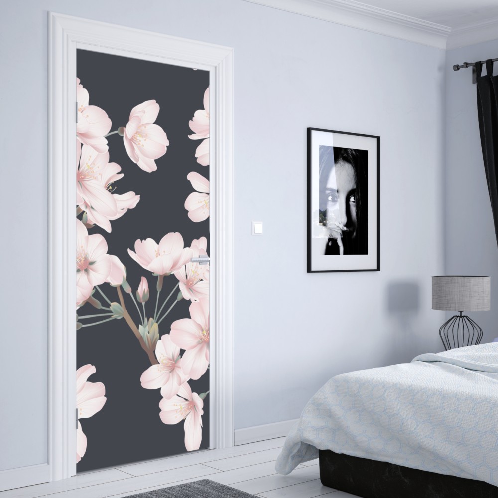 Naklejka na drzwi delikatny wzór kwiatów wiśni – Wallissimo® Naklejka na drzwi delikatny wzór kwiatów wiśni – Wallissimo®