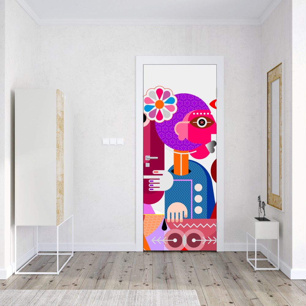 Naklejka na drzwi mężczyzna z tęczą jadący na geometrycznym ptaku – Wallissimo® Naklejka na drzwi mężczyzna z tęczą jadący na geometrycznym ptaku – Wallissimo®