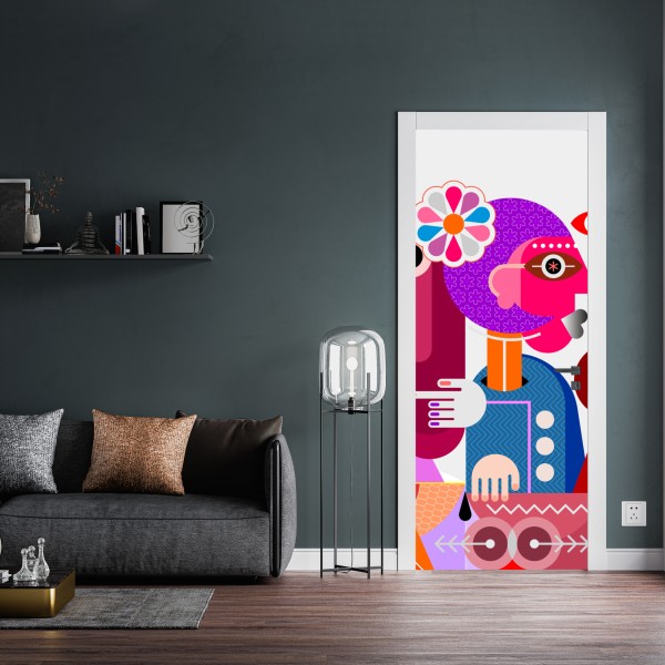 Naklejka na drzwi mężczyzna z tęczą jadący na geometrycznym ptaku – Wallissimo® Naklejka na drzwi mężczyzna z tęczą jadący na geometrycznym ptaku – Wallissimo®