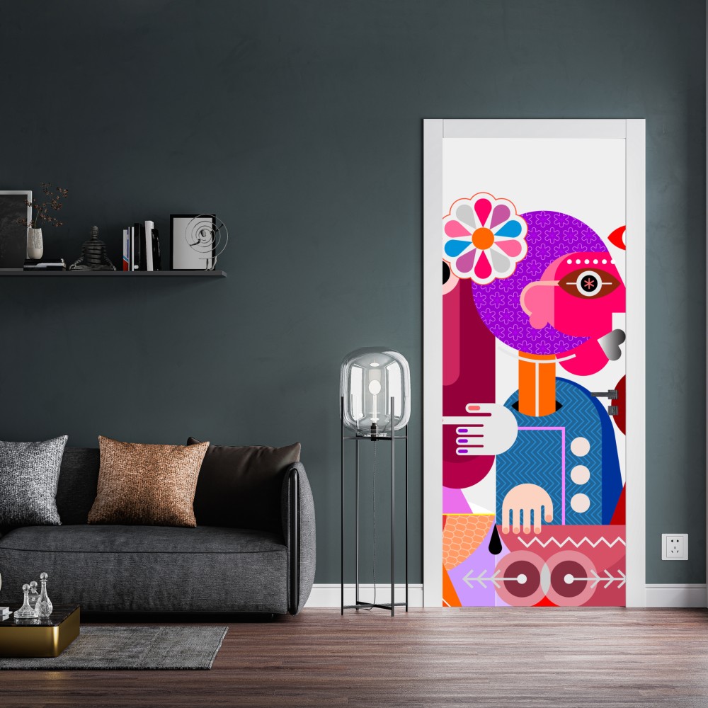 Naklejka na drzwi mężczyzna z tęczą jadący na geometrycznym ptaku – Wallissimo® Naklejka na drzwi mężczyzna z tęczą jadący na geometrycznym ptaku – Wallissimo®