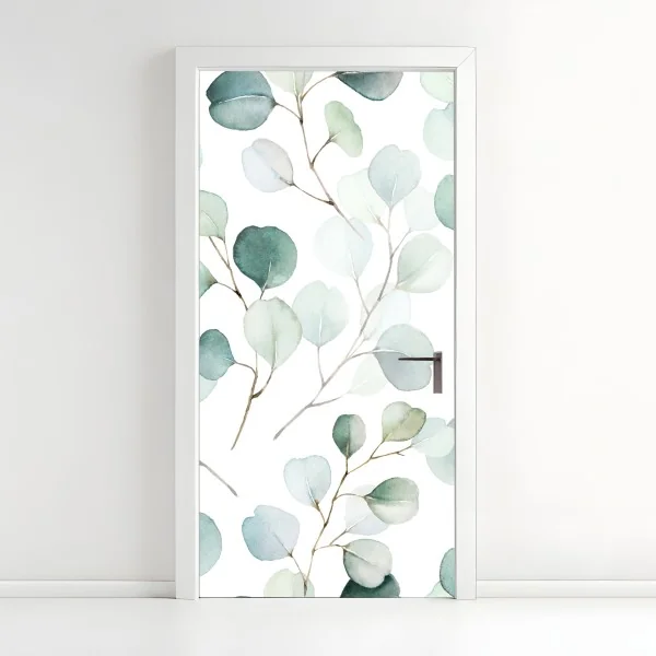 Naklejka na drzwi delikatny wzór liści eukaliptusa w akwareli