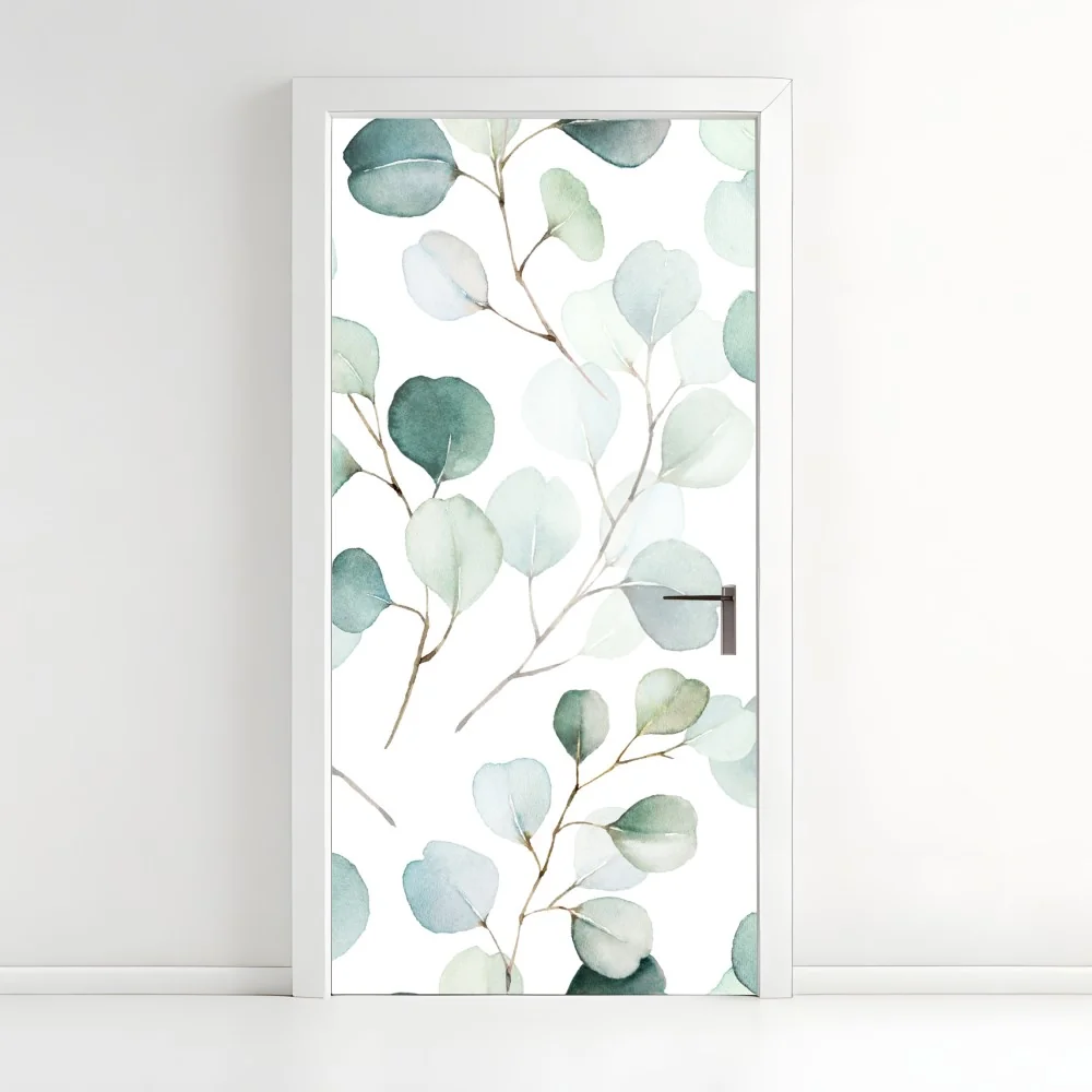 Naklejka na drzwi delikatny wzór liści eukaliptusa w akwareli – Wallissimo® Naklejka na drzwi delikatny wzór liści eukaliptusa w akwareli – Wallissimo®