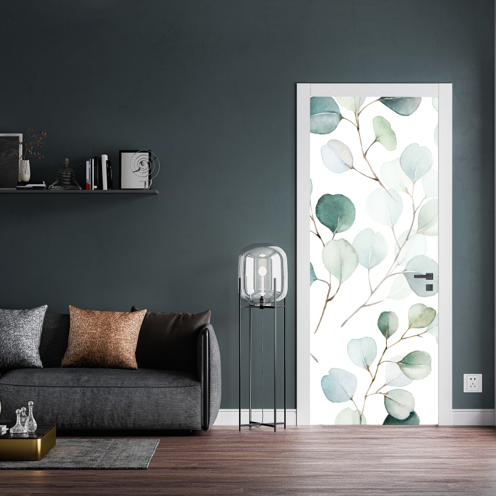 Naklejka na drzwi delikatny wzór liści eukaliptusa w akwareli – Wallissimo® Naklejka na drzwi delikatny wzór liści eukaliptusa w akwareli – Wallissimo®