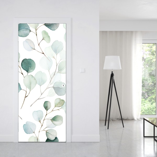 Naklejka na drzwi delikatny wzór liści eukaliptusa w akwareli – Wallissimo® Naklejka na drzwi delikatny wzór liści eukaliptusa w akwareli – Wallissimo®