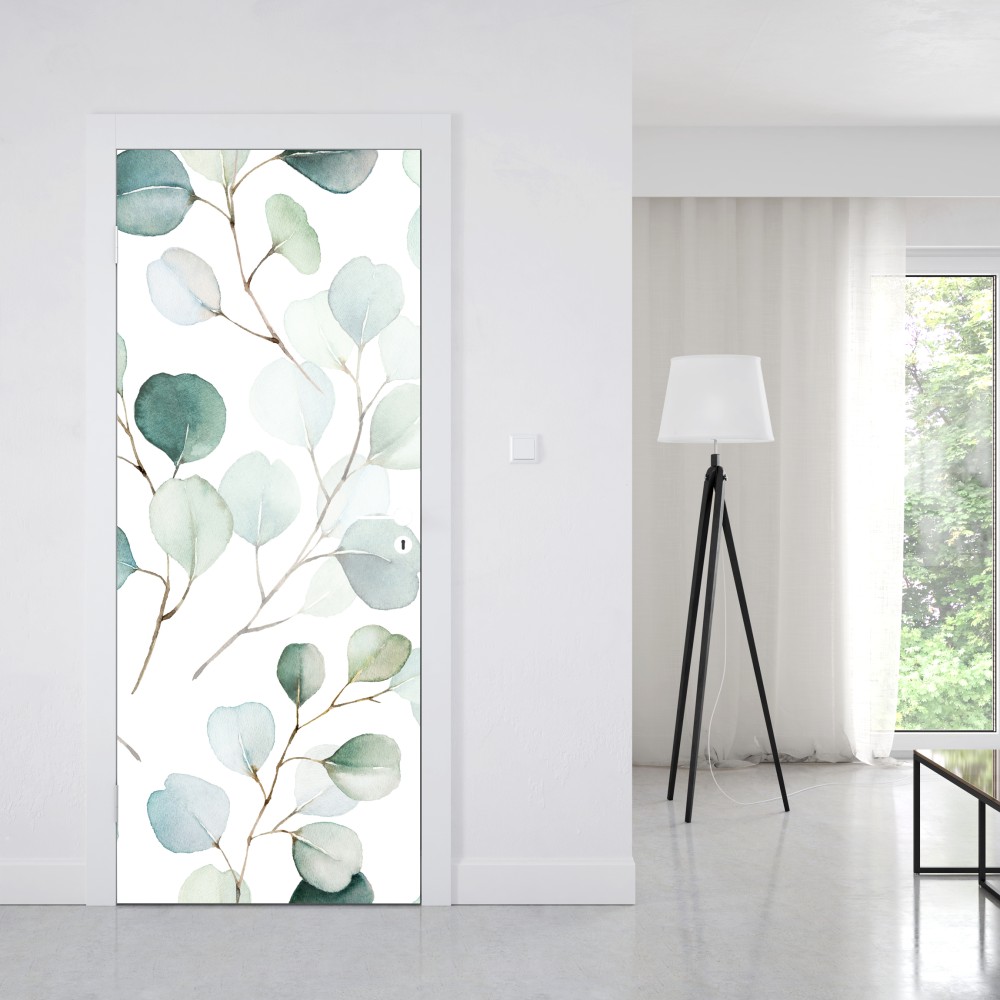 Naklejka na drzwi delikatny wzór liści eukaliptusa w akwareli – Wallissimo® Naklejka na drzwi delikatny wzór liści eukaliptusa w akwareli – Wallissimo®