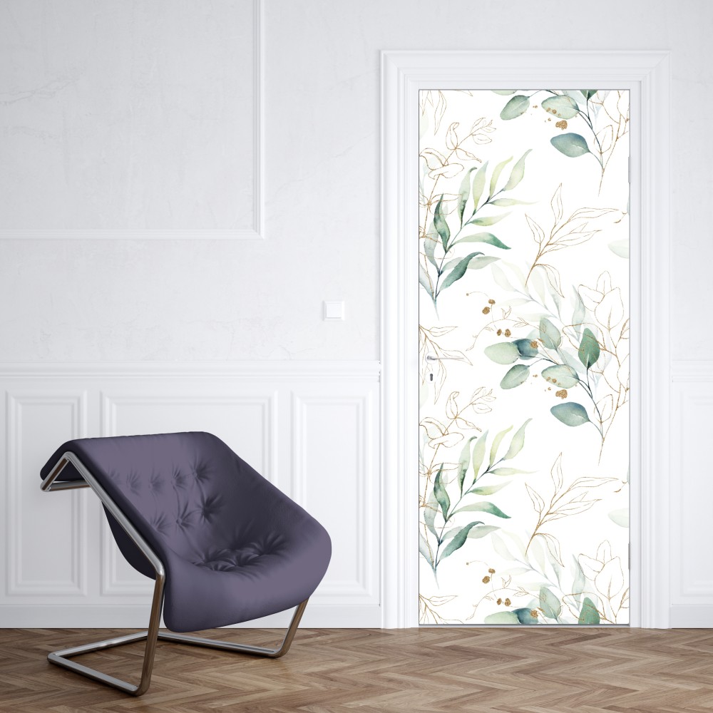Naklejka na drzwi miękki wzór eukaliptusa w akwareli – Wallissimo® Naklejka na drzwi miękki wzór eukaliptusa w akwareli – Wallissimo®