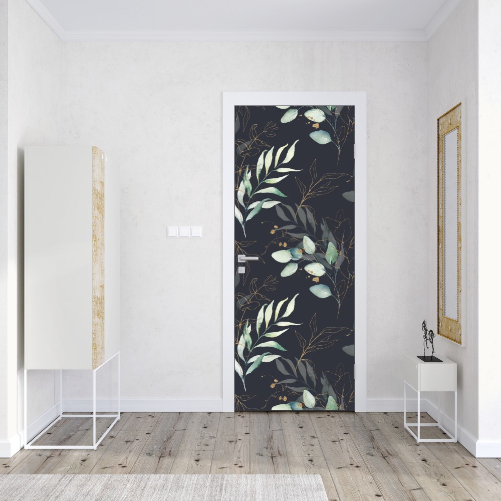 Naklejka na drzwi akwarelowe liście eukaliptusa na ciemnym tle – Wallissimo® Naklejka na drzwi akwarelowe liście eukaliptusa na ciemnym tle – Wallissimo®
