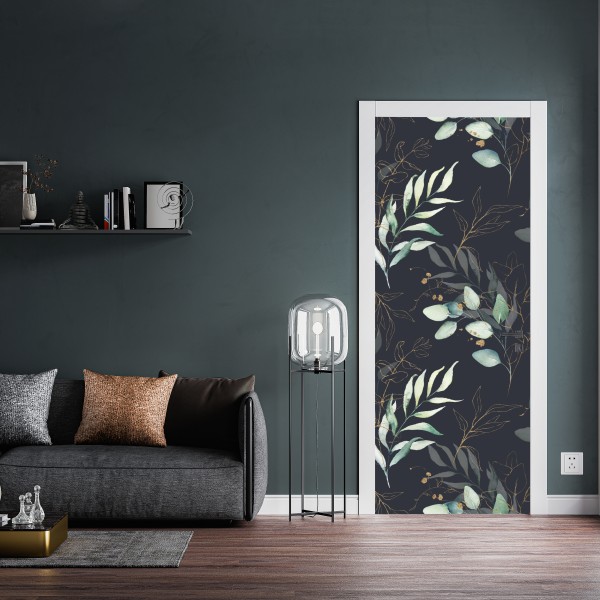 Naklejka na drzwi akwarelowe liście eukaliptusa na ciemnym tle – Wallissimo® Naklejka na drzwi akwarelowe liście eukaliptusa na ciemnym tle – Wallissimo®