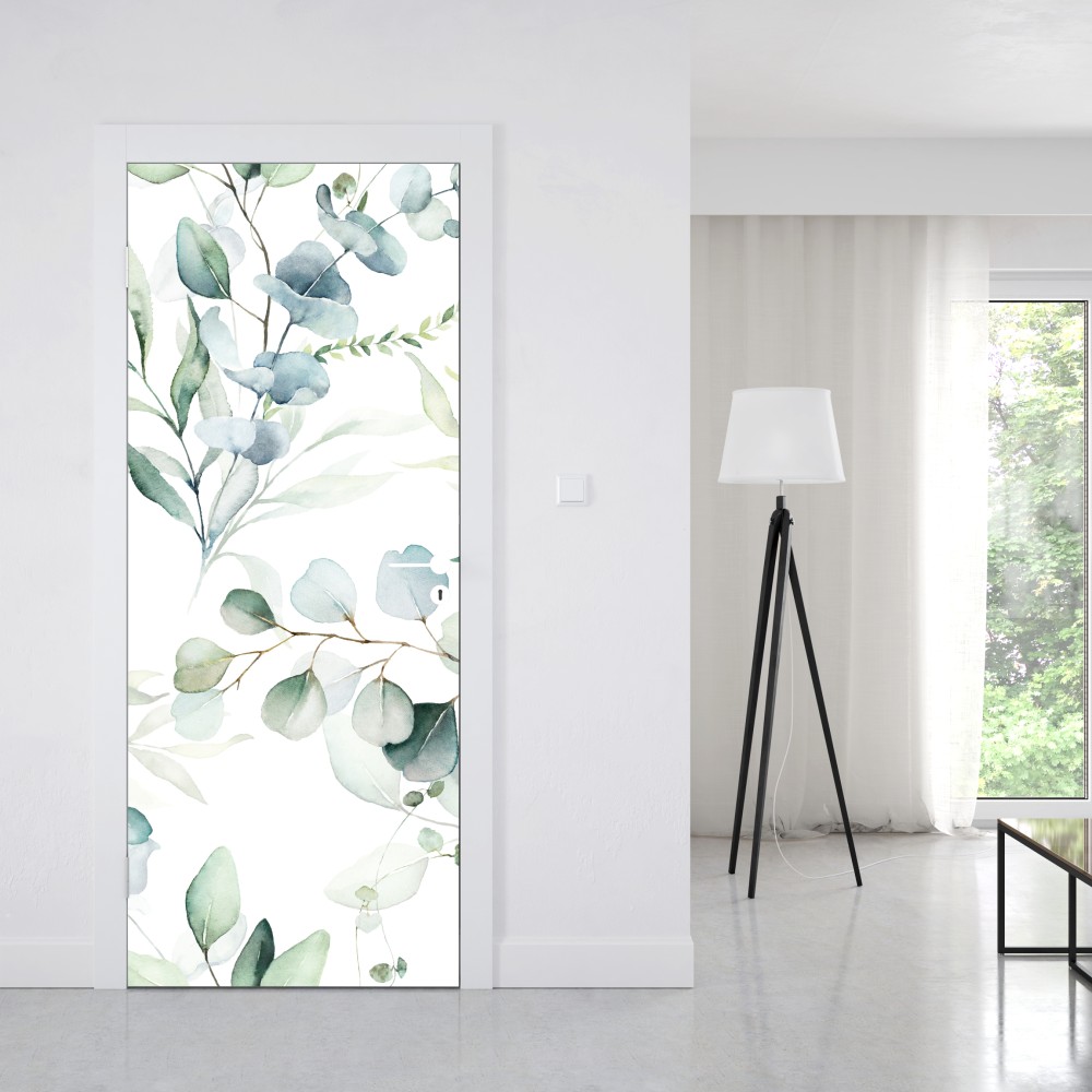 Naklejka na drzwi akwarelowy wzór eukaliptusa i liści – Wallissimo® Naklejka na drzwi akwarelowy wzór eukaliptusa i liści – Wallissimo®