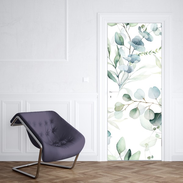Naklejka na drzwi akwarelowy wzór eukaliptusa i liści – Wallissimo® Naklejka na drzwi akwarelowy wzór eukaliptusa i liści – Wallissimo®
