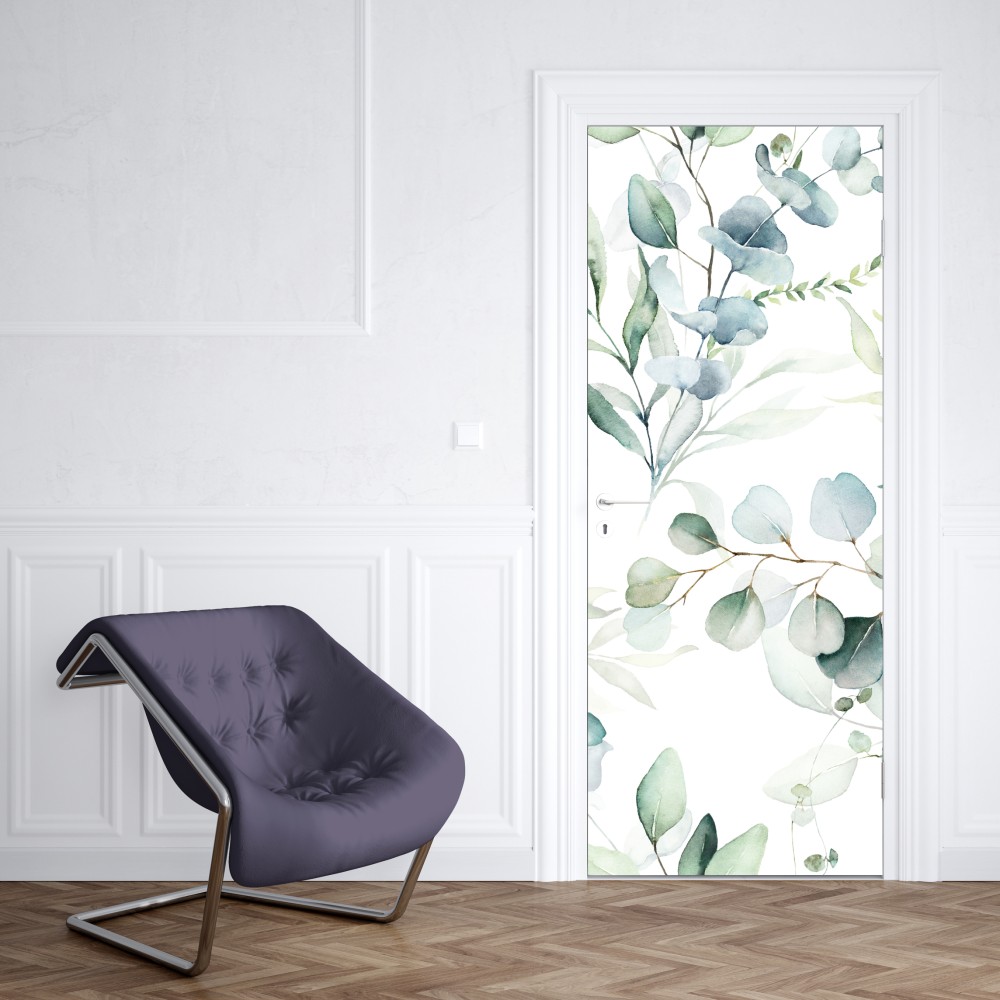 Naklejka na drzwi akwarelowy wzór eukaliptusa i liści – Wallissimo® Naklejka na drzwi akwarelowy wzór eukaliptusa i liści – Wallissimo®