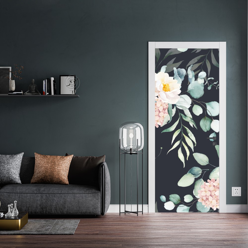 Naklejka na drzwi elegancki akwarelowy wzór kwiatowy na ciemnym tle – Wallissimo® Naklejka na drzwi elegancki akwarelowy wzór kwiatowy na ciemnym tle – Wallissimo®