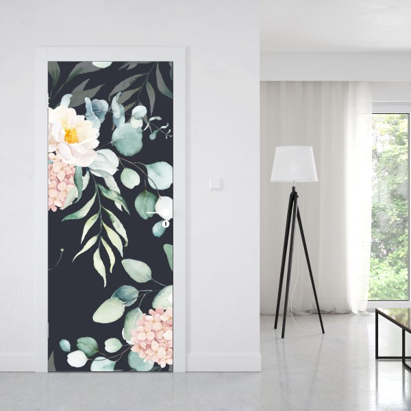 Naklejka na drzwi elegancki akwarelowy wzór kwiatowy na ciemnym tle – Wallissimo® Naklejka na drzwi elegancki akwarelowy wzór kwiatowy na ciemnym tle – Wallissimo®