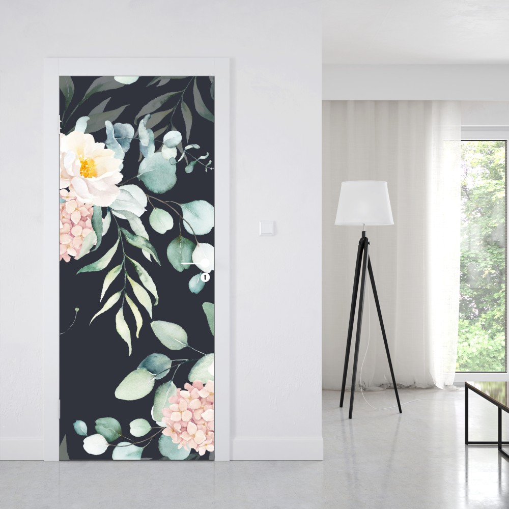 Naklejka na drzwi elegancki akwarelowy wzór kwiatowy na ciemnym tle – Wallissimo® Naklejka na drzwi elegancki akwarelowy wzór kwiatowy na ciemnym tle – Wallissimo®