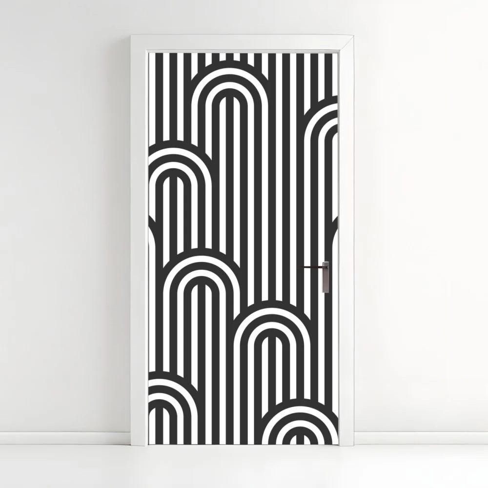 Naklejka na drzwi czarno-biały geometryczny wzór w paski – Wallissimo® Naklejka na drzwi czarno-biały geometryczny wzór w paski – Wallissimo®