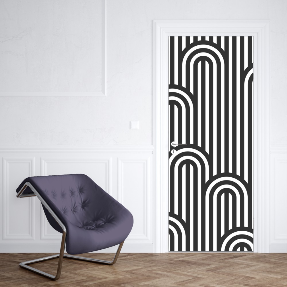 Naklejka na drzwi czarno-biały geometryczny wzór w paski – Wallissimo® Naklejka na drzwi czarno-biały geometryczny wzór w paski – Wallissimo®