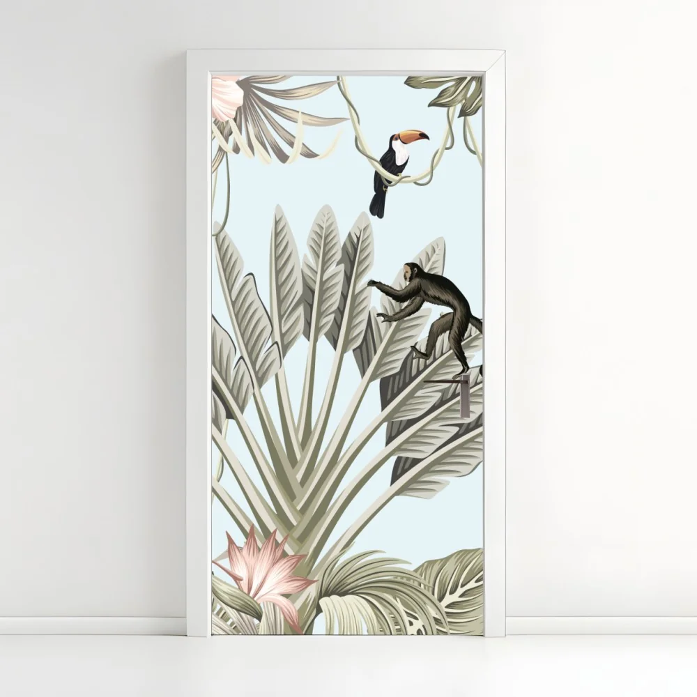 Naklejka na drzwi pastelowy wzór dżungli z zwierzętami – Wallissimo® Naklejka na drzwi pastelowy wzór dżungli z zwierzętami – Wallissimo®