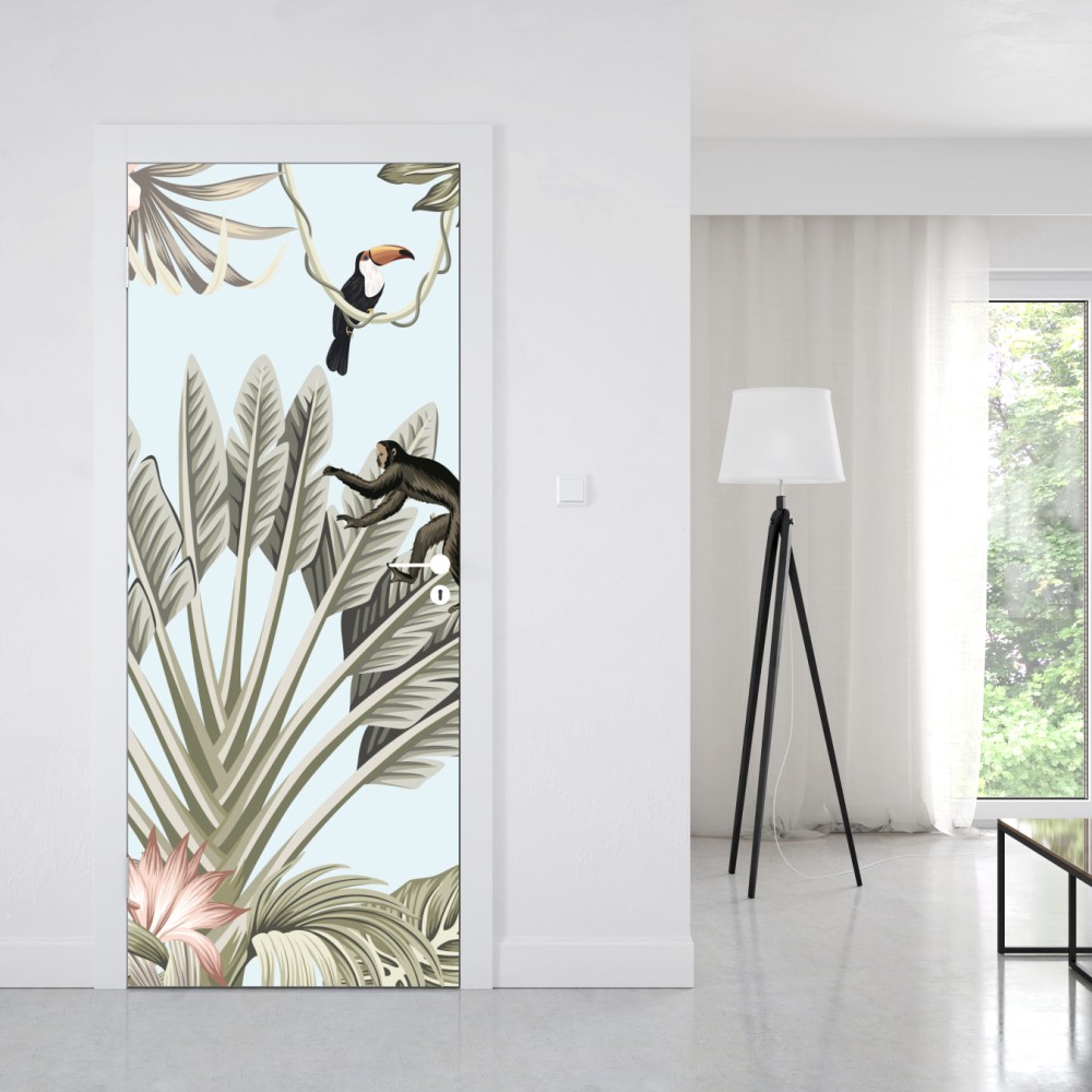 Naklejka na drzwi pastelowy wzór dżungli z zwierzętami – Wallissimo® Naklejka na drzwi pastelowy wzór dżungli z zwierzętami – Wallissimo®