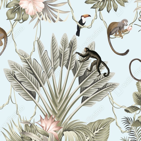 Naklejka na drzwi pastelowy wzór dżungli z zwierzętami – Wallissimo® Naklejka na drzwi pastelowy wzór dżungli z zwierzętami – Wallissimo®
