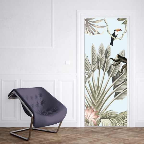 Naklejka na drzwi pastelowy wzór dżungli z zwierzętami – Wallissimo® Naklejka na drzwi pastelowy wzór dżungli z zwierzętami – Wallissimo®