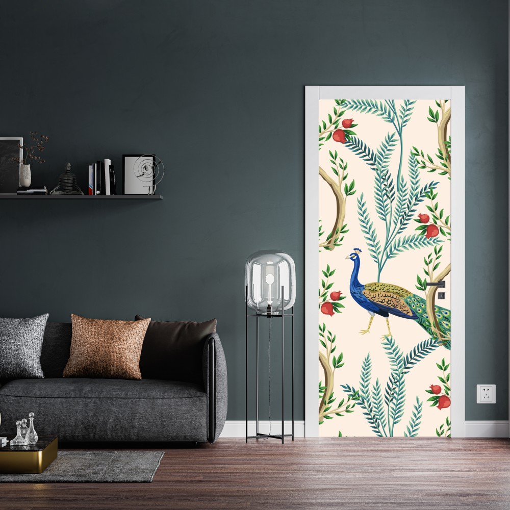 Naklejka na drzwi paw wśród gałęzi granatu – Wallissimo® Naklejka na drzwi paw wśród gałęzi granatu – Wallissimo®