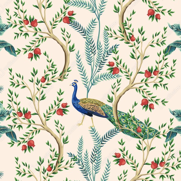 Naklejka na drzwi paw wśród gałęzi granatu – Wallissimo® Naklejka na drzwi paw wśród gałęzi granatu – Wallissimo®