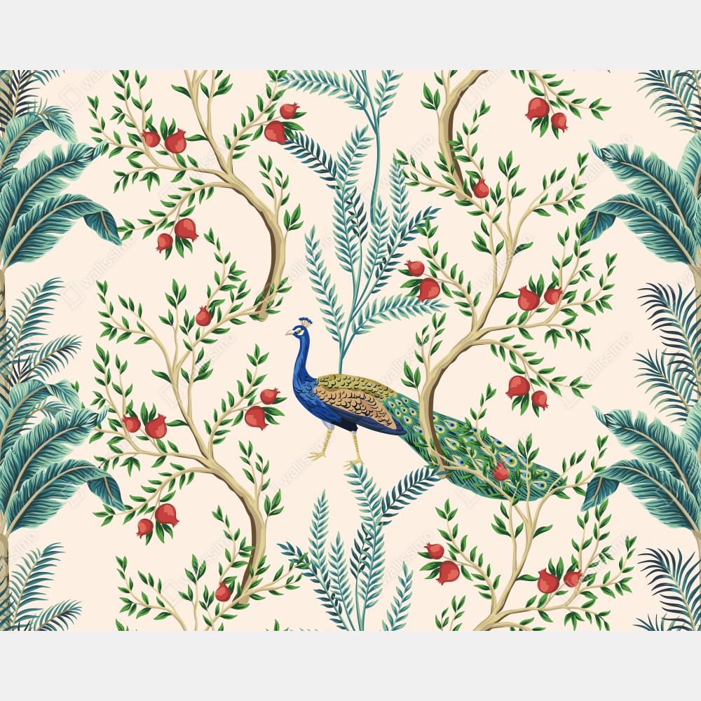 Naklejka na drzwi paw wśród gałęzi granatu – Wallissimo® Naklejka na drzwi paw wśród gałęzi granatu – Wallissimo®