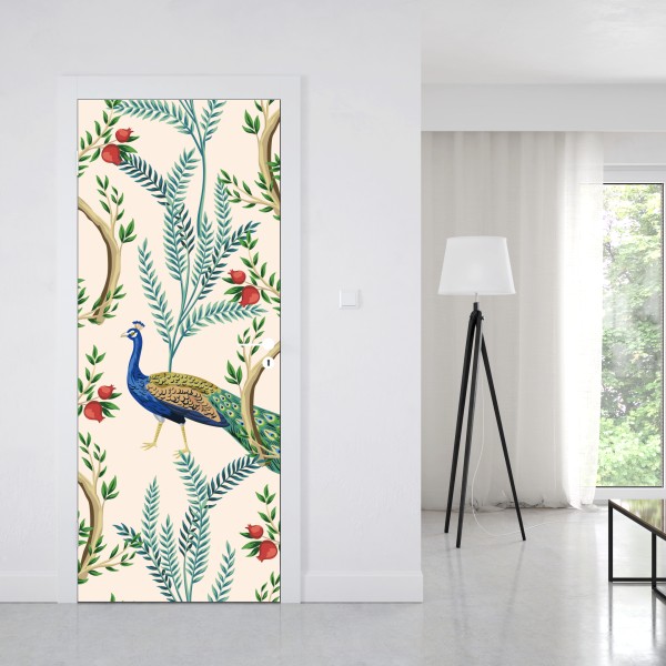 Naklejka na drzwi paw wśród gałęzi granatu – Wallissimo® Naklejka na drzwi paw wśród gałęzi granatu – Wallissimo®