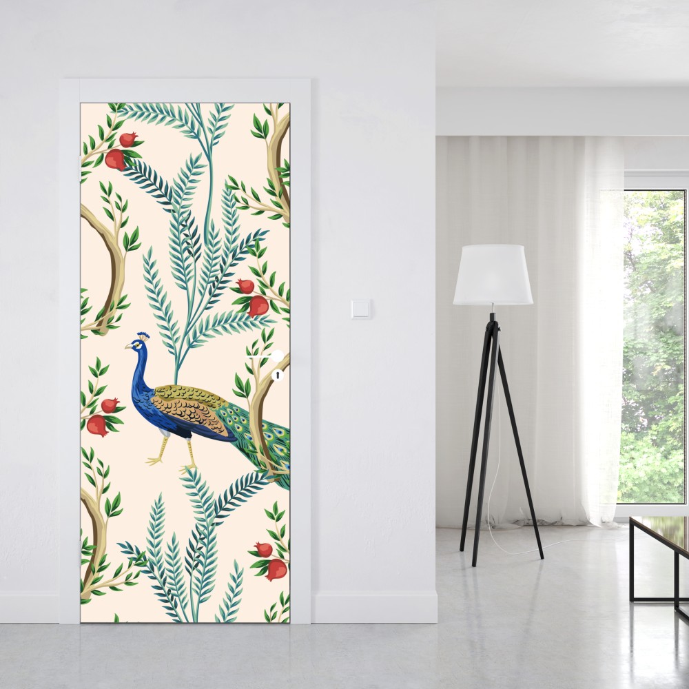 Naklejka na drzwi paw wśród gałęzi granatu – Wallissimo® Naklejka na drzwi paw wśród gałęzi granatu – Wallissimo®