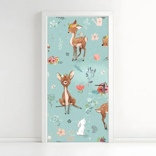 Naklejka na drzwi pastelowy wzór leśnych sarenek i królików