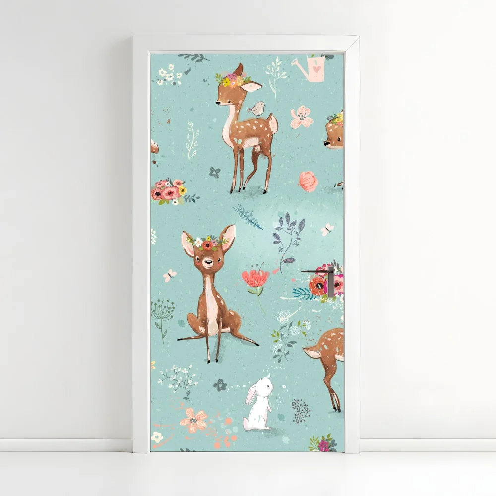 Naklejka na drzwi pastelowy wzór leśnych sarenek i królików – Wallissimo® Naklejka na drzwi pastelowy wzór leśnych sarenek i królików – Wallissimo®