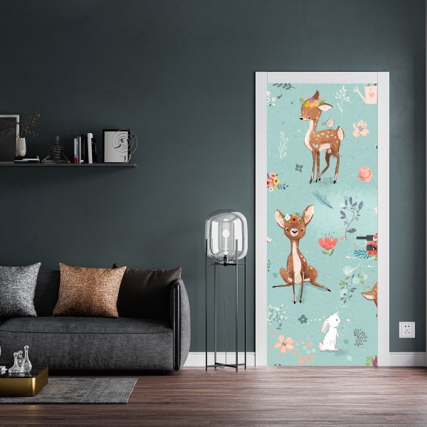 Naklejka na drzwi pastelowy wzór leśnych sarenek i królików – Wallissimo® Naklejka na drzwi pastelowy wzór leśnych sarenek i królików – Wallissimo®