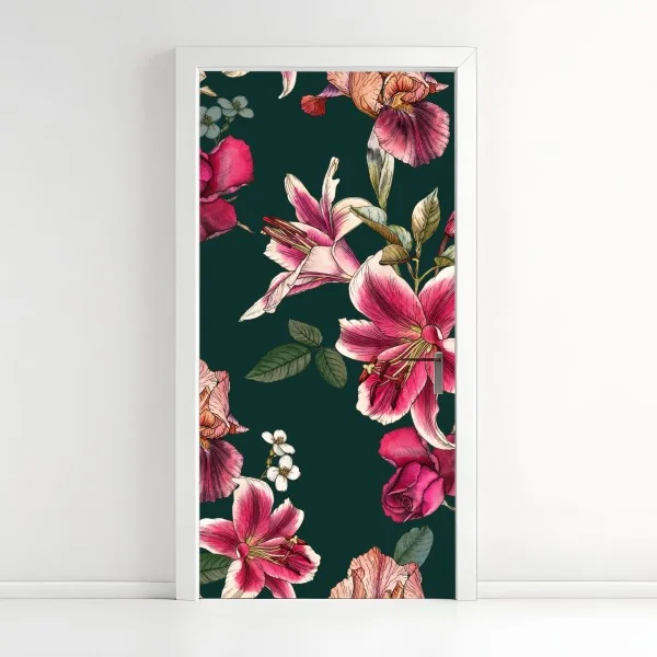 Naklejka na drzwi vintage botaniczny wzór kwiatowy na głębokiej zieleni