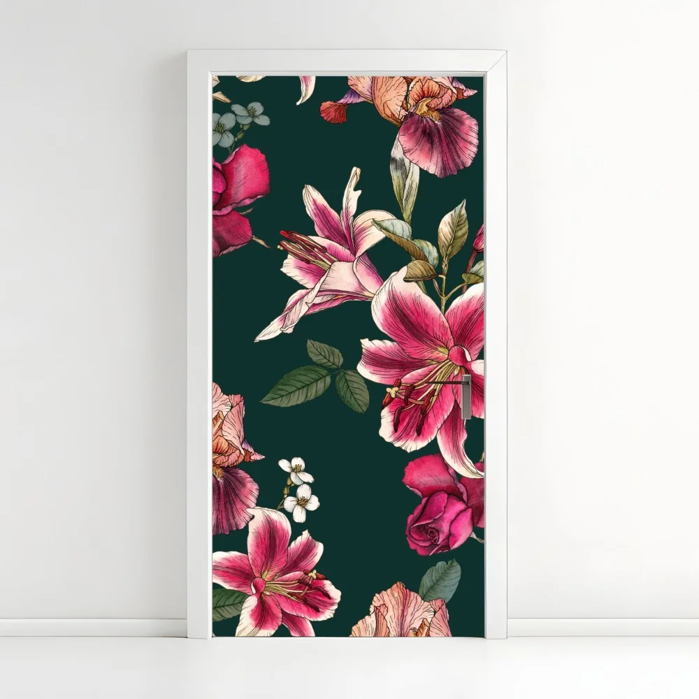 Naklejka na drzwi vintage botaniczny wzór kwiatowy na głębokiej zieleni – Wallissimo® Naklejka na drzwi vintage botaniczny wzór kwiatowy na głębokiej zieleni – Wallissimo®