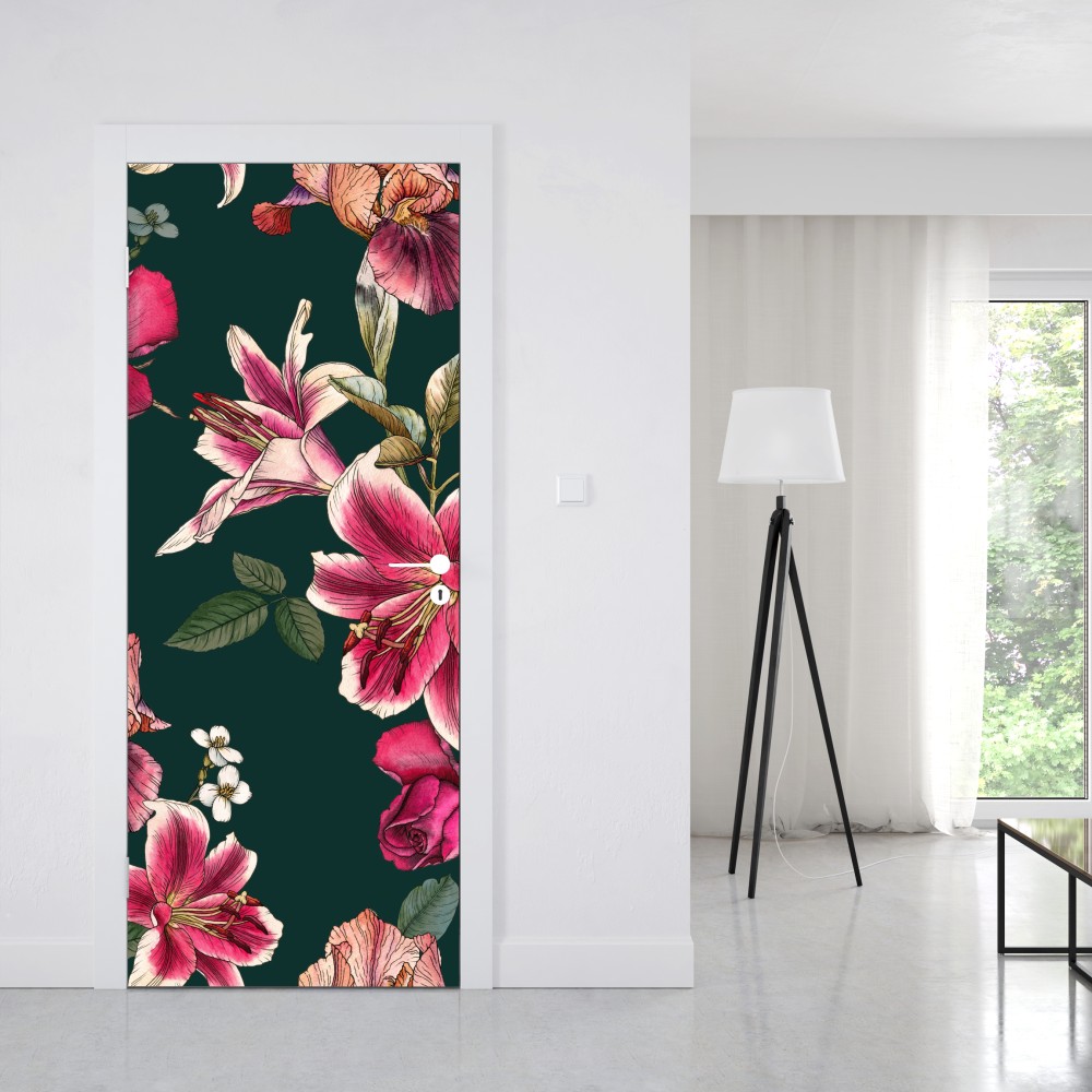 Naklejka na drzwi vintage botaniczny wzór kwiatowy na głębokiej zieleni – Wallissimo® Naklejka na drzwi vintage botaniczny wzór kwiatowy na głębokiej zieleni – Wallissimo®