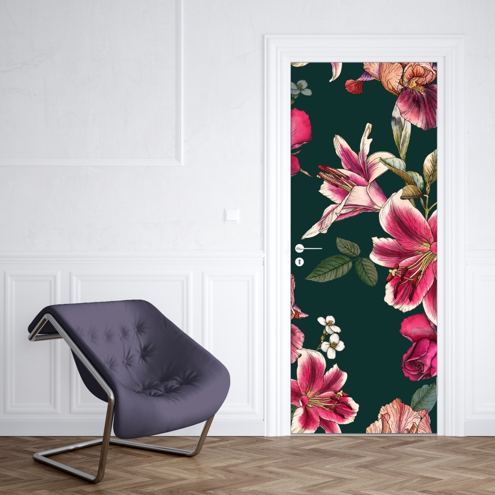 Naklejka na drzwi vintage botaniczny wzór kwiatowy na głębokiej zieleni – Wallissimo® Naklejka na drzwi vintage botaniczny wzór kwiatowy na głębokiej zieleni – Wallissimo®